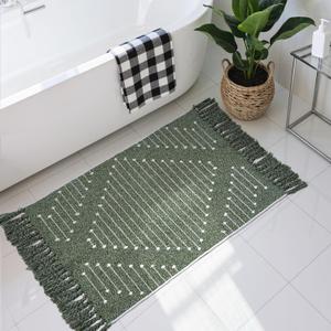 LIVEBOX Boho Green Bathroom Rug, Woven Bath Mat with Tassel Washable Cotton Blend Small Area Rug for Kitchen, Front Door(2'x3') (Dark Green & White)