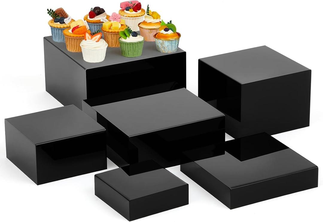 Leinuosen 6 Pcs Large Buffet Risers, 6 to 11 Inch Catering Dessert Table Risers Food Decorative Stands with hollow bottom for Catering Supplies, Party(Black, Square)
