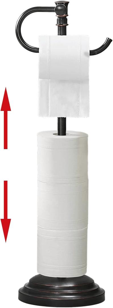 RUMOSE Toilet Paper Holder Stand for Floor, Oil Rubbed Bronze Adjustable (12.4" to 22.8") Bathroom Toilet Tissue Holder, Free Standing Toilet Paper Roll Holder with Storage, Stainless Steel