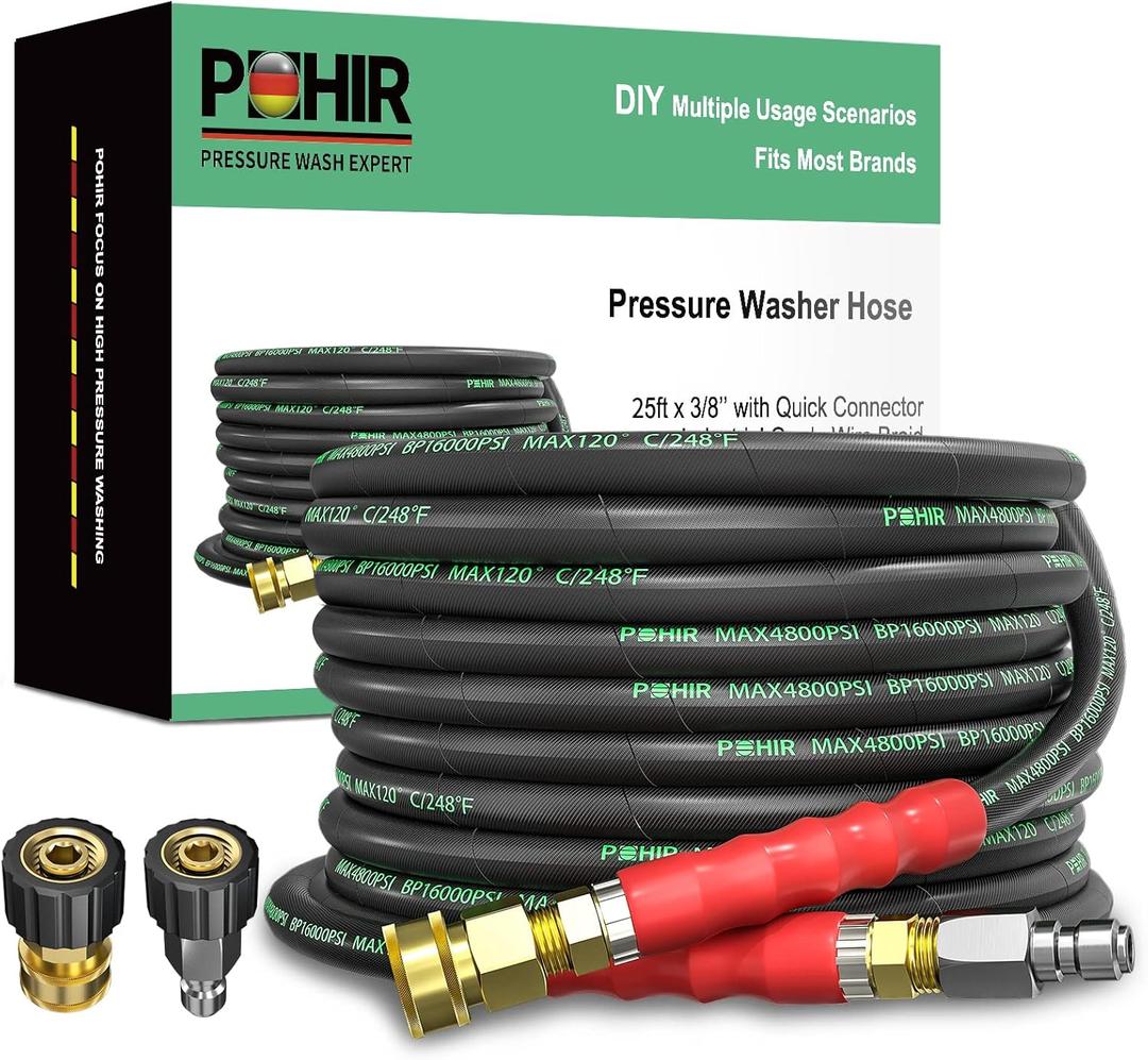 POHIR 3/8 Inch Pressure Washer Hose 25 FT with Adapter Set, 4800PSI Hot and Cold Water Max 248F, High Tensile Wire Heavy Duty Commercial Grade Hose, 2pcs M22 14mm to 3/8 Quick Connect Accessories