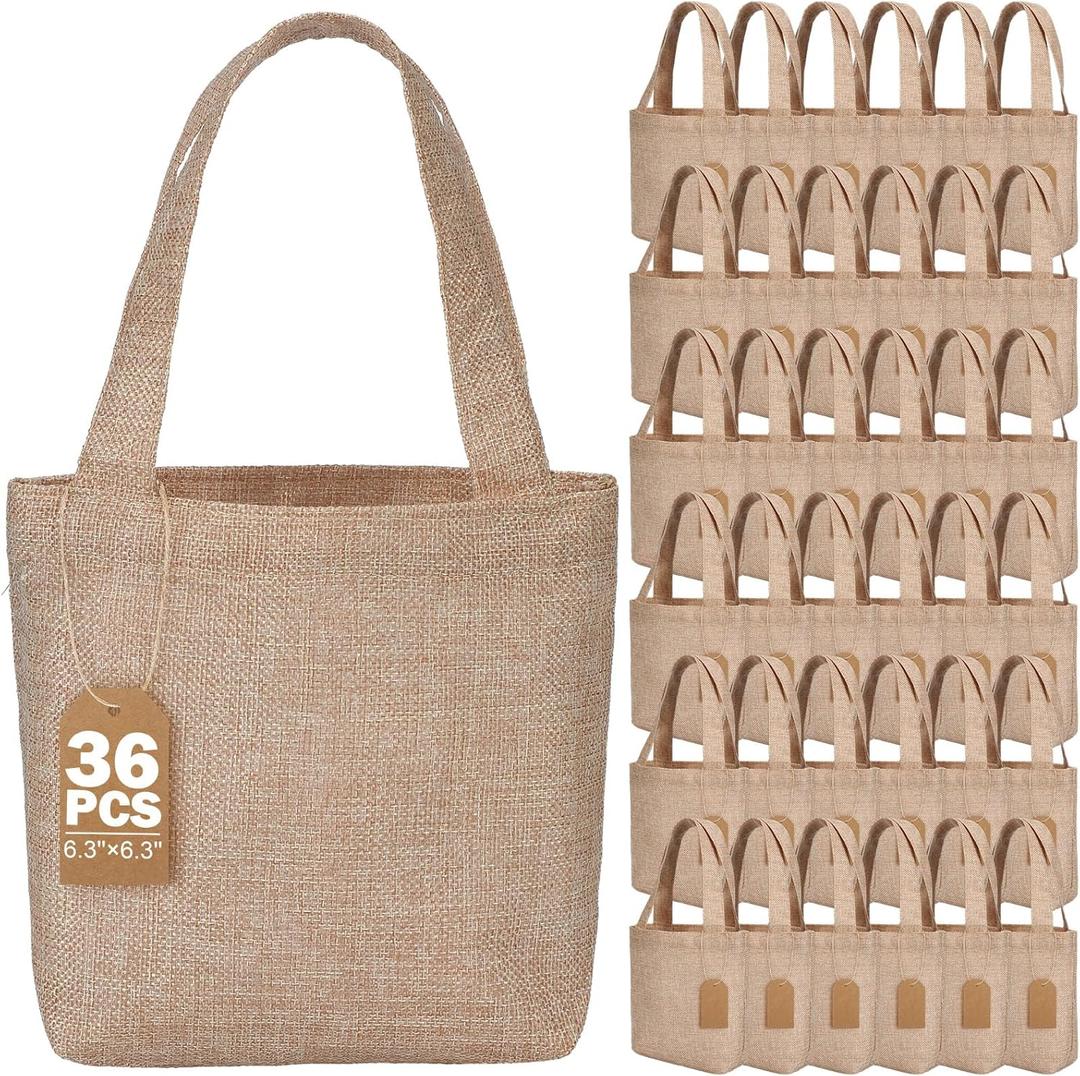 Aliceset 36 Pcs Mini Burlap Tote Bags with Handles Reusable Burlap Gift Bags with Tags Small Wedding Welcome Bridesmaids Jute Bag Bulk for Party Supplies DIY Craft (6.3 x 6.3 x 2.8 Inch,Light Brown)