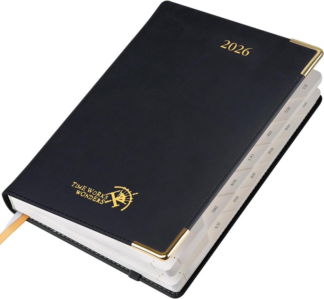 POPRUN Daily Planner 2026 (Medium-5.75" x 8.5") One Page Per Day Planner with Vegan Leather Hardcover - Agenda 2026 (Jan. - Dec.) Page A Day Calendar Book with Monthly Tabs, Inner Pocket - Black