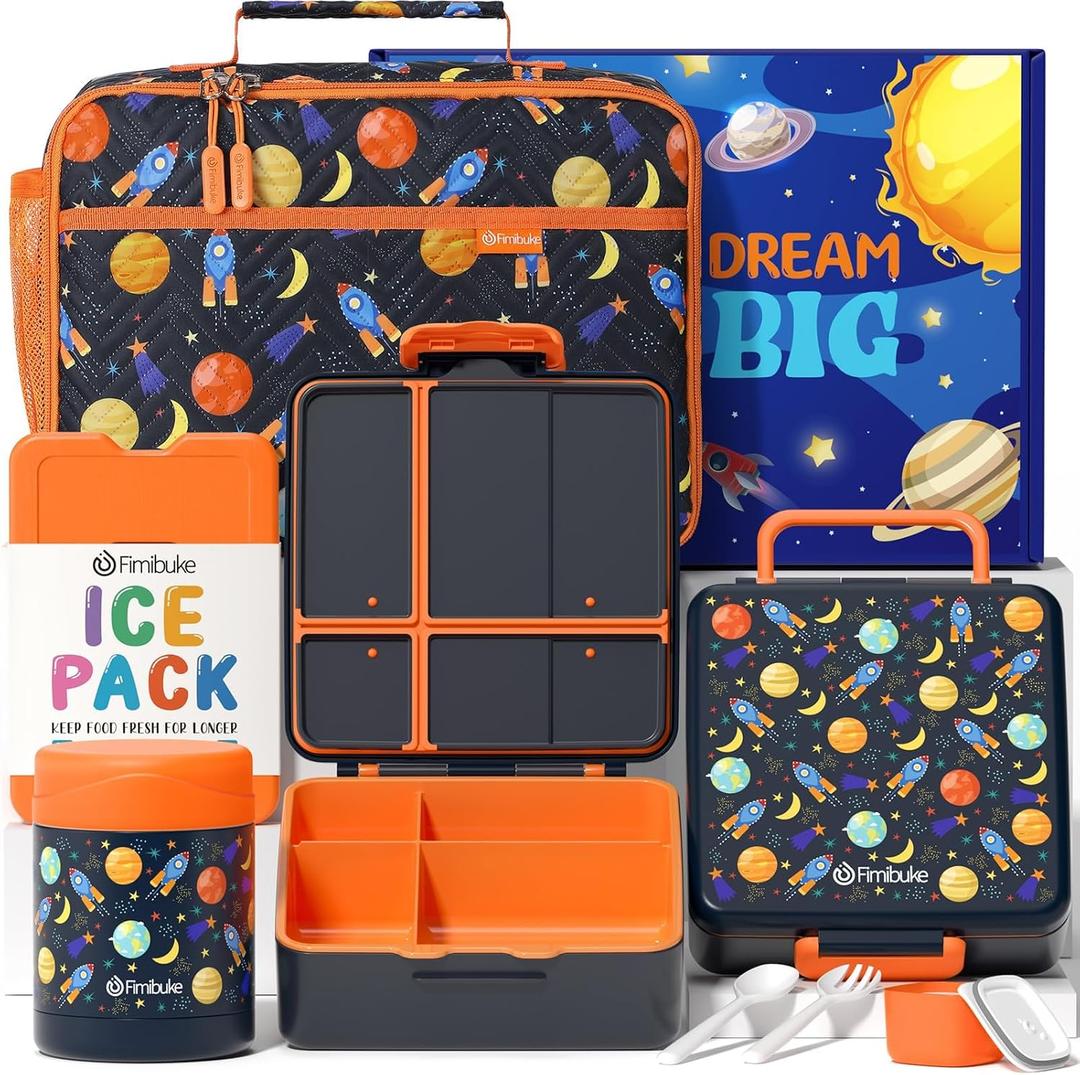 Fimibuke Kids Bento Snack Lunch Box with 4 Compartment, Insulated Lunch Bag, Stainless Steel Vacuum Thermo Food Jar, Ice Pack, Utensils Set, Birthday Gifts for Age 3-12 Back to School Toddler Girl Boy
