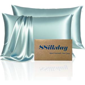 Mulberry Silk Pillow Cases 2 Pack Standard Size with Zipper, Ultra Smooth Soft Breathable Cooling Pillow Cases for Hot Sleepers, Silk Satin Pillowcase for Hair and Skin Set of 2, Gifts for Women (Haze Blue-2pcs)