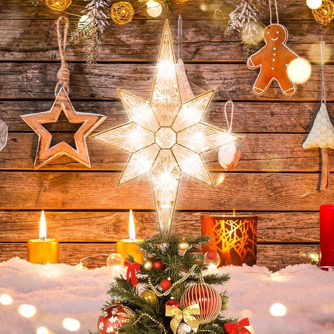 12" 11LED Lighted Christmas Tree Topper, Golden Bethlehem Star Treetop with Warm White Fairy Lights, Holiday Christmas Tree Decorations