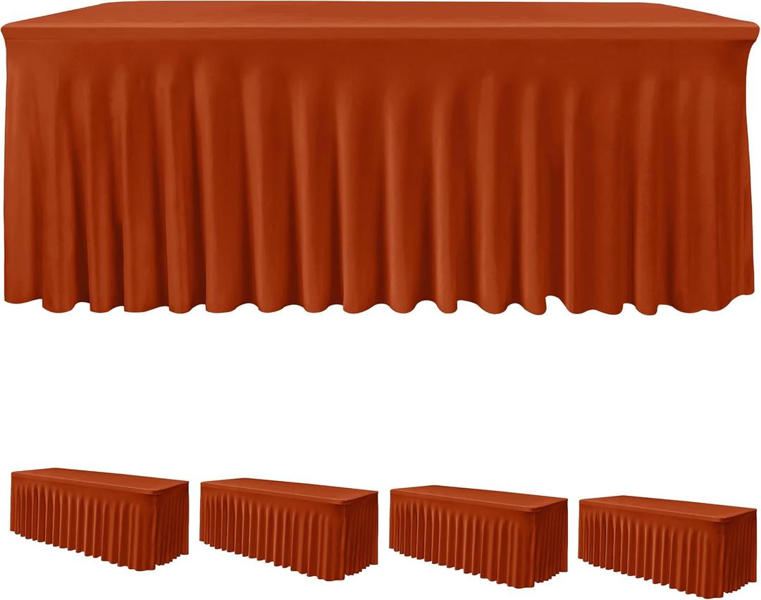 HolidayIdeas 4 Pack Spandex Table Skirts for 6 Foot Rectangle Table, Bulk Fitted 30x72 Inch Stretch Covers for Banquets, Craft Fairs, Rust