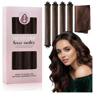 Heatless Hair Curlers Overnight Set, Foam Flexi Rods with Satin Scarf, Comfortable Sleeping Curlers for Natural Waves, No-Heat Styling Tool for Long & Medium Hair, Brown