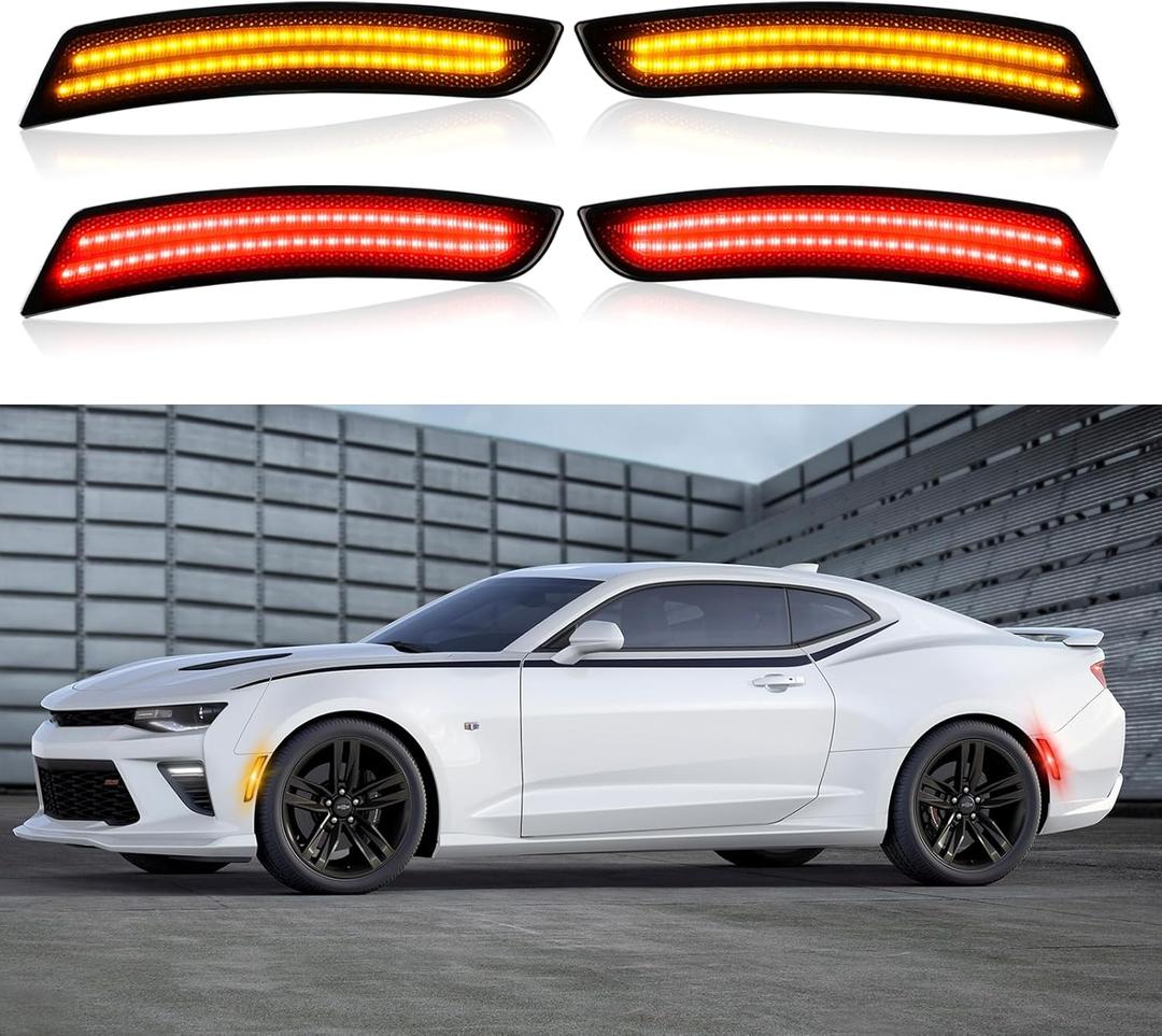 Bestview 4PCS LED Side Marker Lights for Chevrolet Camaro 2016-2023: Amber Front & Red Rear Fender Side Marker, Smoked Lens Bumper Marker Lamps, Waterproof Driver & Passenger Side Bumper Lights