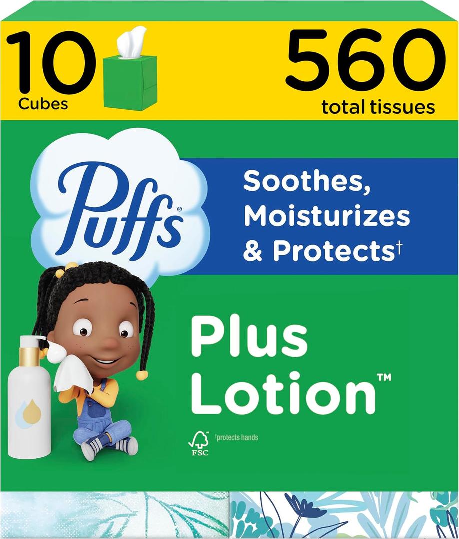 Puffs Facial Tissues Plus Lotion, 10 Cube Boxes, 56 Facial Tissues per Box, Allergies and Colds