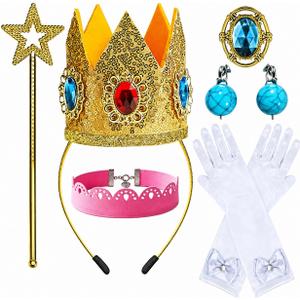 Princess Costume Accessory Set – Gold Crown Headband, Star Wand, White Gloves, Blue Earrings & Gem Brooch for Halloween, Cosplay & Theme Parties