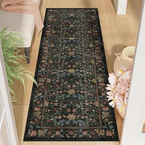 DUKINO 2x6 Runner Rug for Hallway, Washable Vintage Floral Kitchen Rug with Non Slip Backing, Soft Low Pile Throw Carpet Runner for Kitchen, Laundry, Hallway, Bathroom, Black
