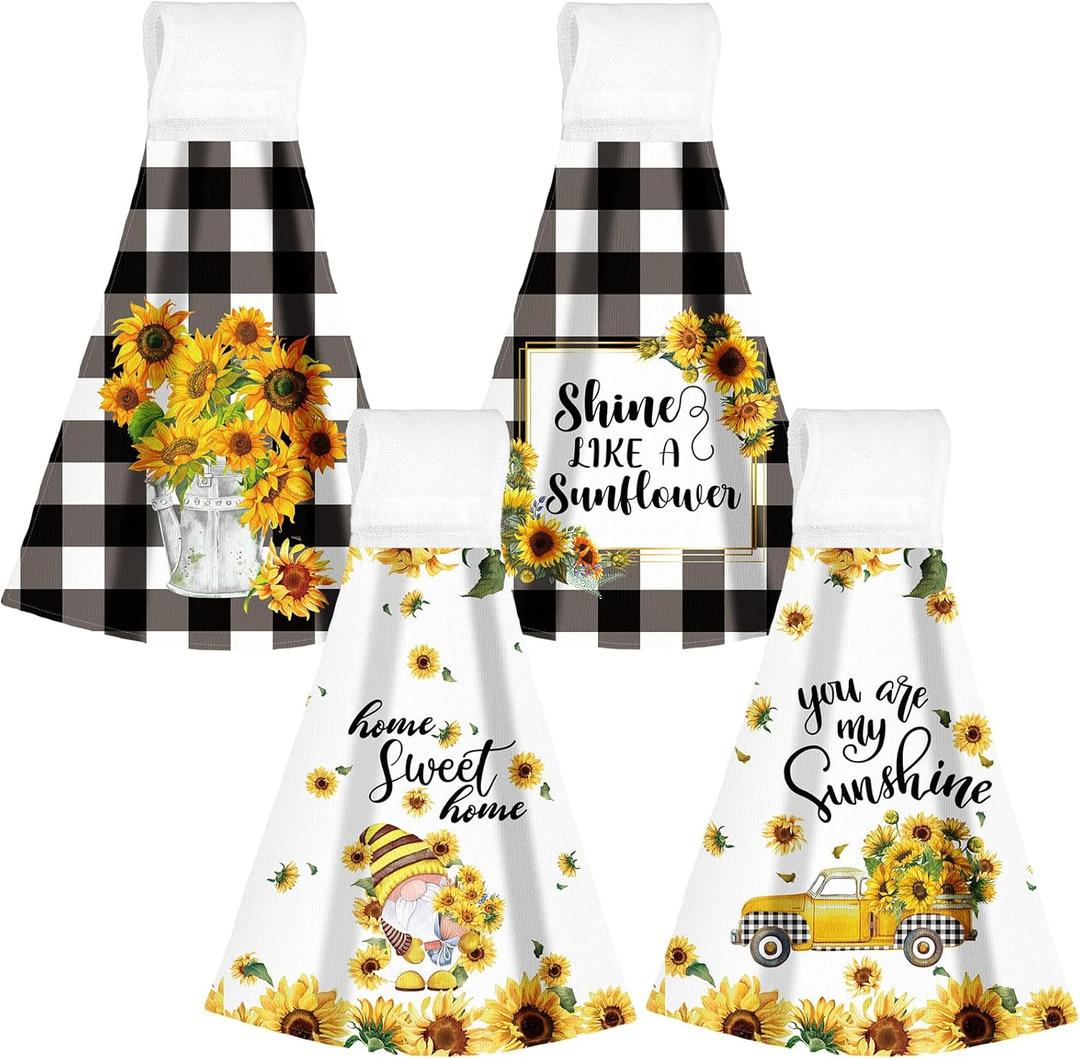 Sratte 4 Pcs Sunflower Hanging Kitchen Towels Hand Towels with Hanging Loop Summer Buffalo Plaid Gnomes Sunshine Dish Towels Bath Absorbent Oven Stove Wash Cloth for Home Decorative Housewarming Gift (Yellow)