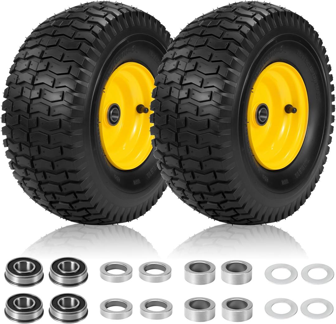 2 Pcs 15x6.00-6 Tubeless Lawn Mower Tire and Wheel, 15x6-6 Lawn Mower Front Tires, Compatible with John Deere Riding Mowers Lawn Tractors, with 3/4" & Extra 5/8" Bearings, 3"-4.4" Offset Hub, Yellow