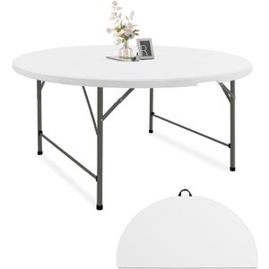 Fivenl 4 FT Round Folding Tables White Foldable Table, Fold-in-Half with Carrying Handle Portable Plastic Table for Party, Dining, Wedding, Camping, Picnic, Indoor Outdoor Events