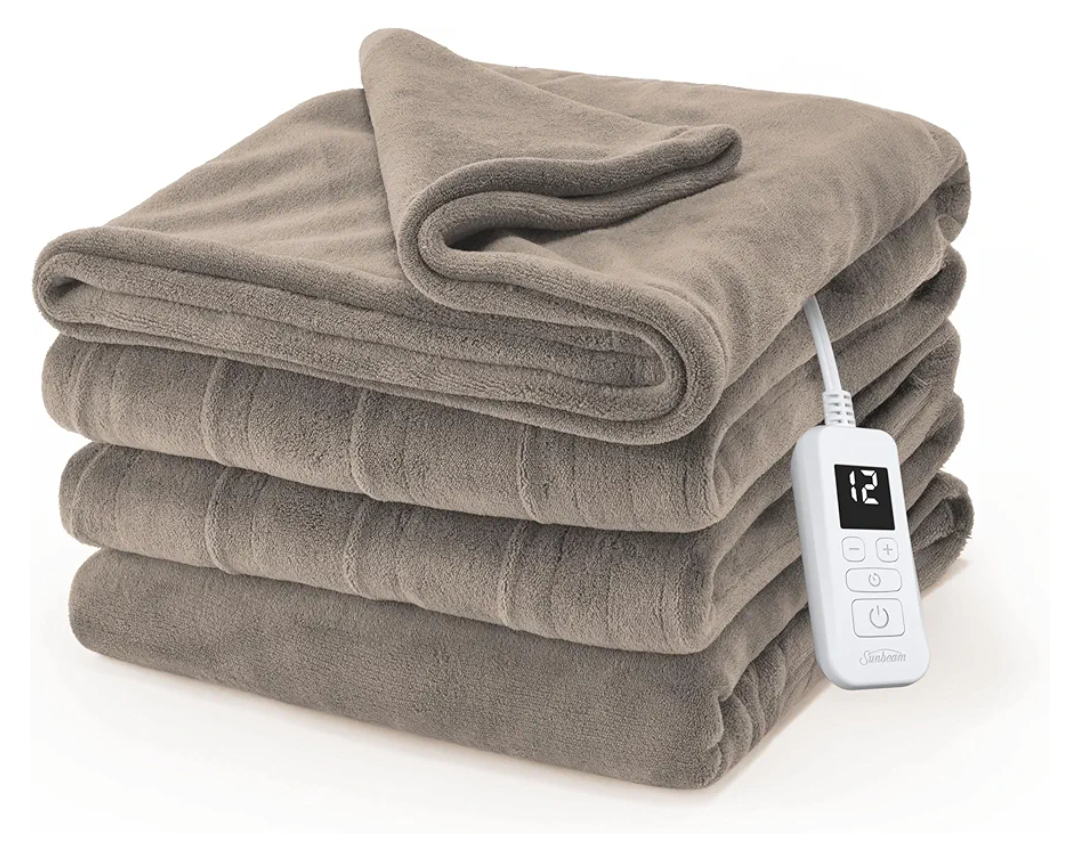 Sunbeam Electric Royal Luxe Microplush Heated Blanket, 12 Heat Settings, 12-Hour Auto Shut-Off, Fast Heating, Warm & Cozy, Machine Washable, Mushroom Color, Full (84" x 72") 