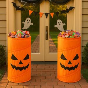 SATINIOR 2 Pcs Halloween Decorations Candy Barrel Large Pumpkin Bucket Halloween Trick or Treat Bags Reusable Spooky Treating Candy Holder Bowl for Home Outdoor Indoor Front Porch Party Decor