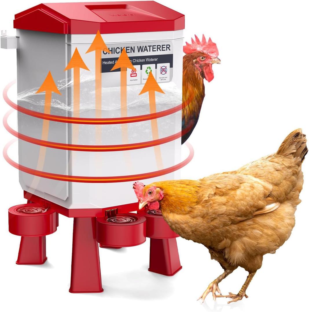 Heated Chicken Waterer, 2 Gallon Thermostatic Poultry Drinker with 4 Cups, Outdoor Winter Water Heater with Leg Base for Chickens, Ducks, Geese, Turkeys, Anti-Freeze Automatic Watering System (Red)