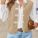 Tanakneo Womens Fuzzy Fleece Vest Sleeveless Button Down Fall Sherpa Jacket Winter Warm Old Money Outerwear with Pockets Light Khaki
