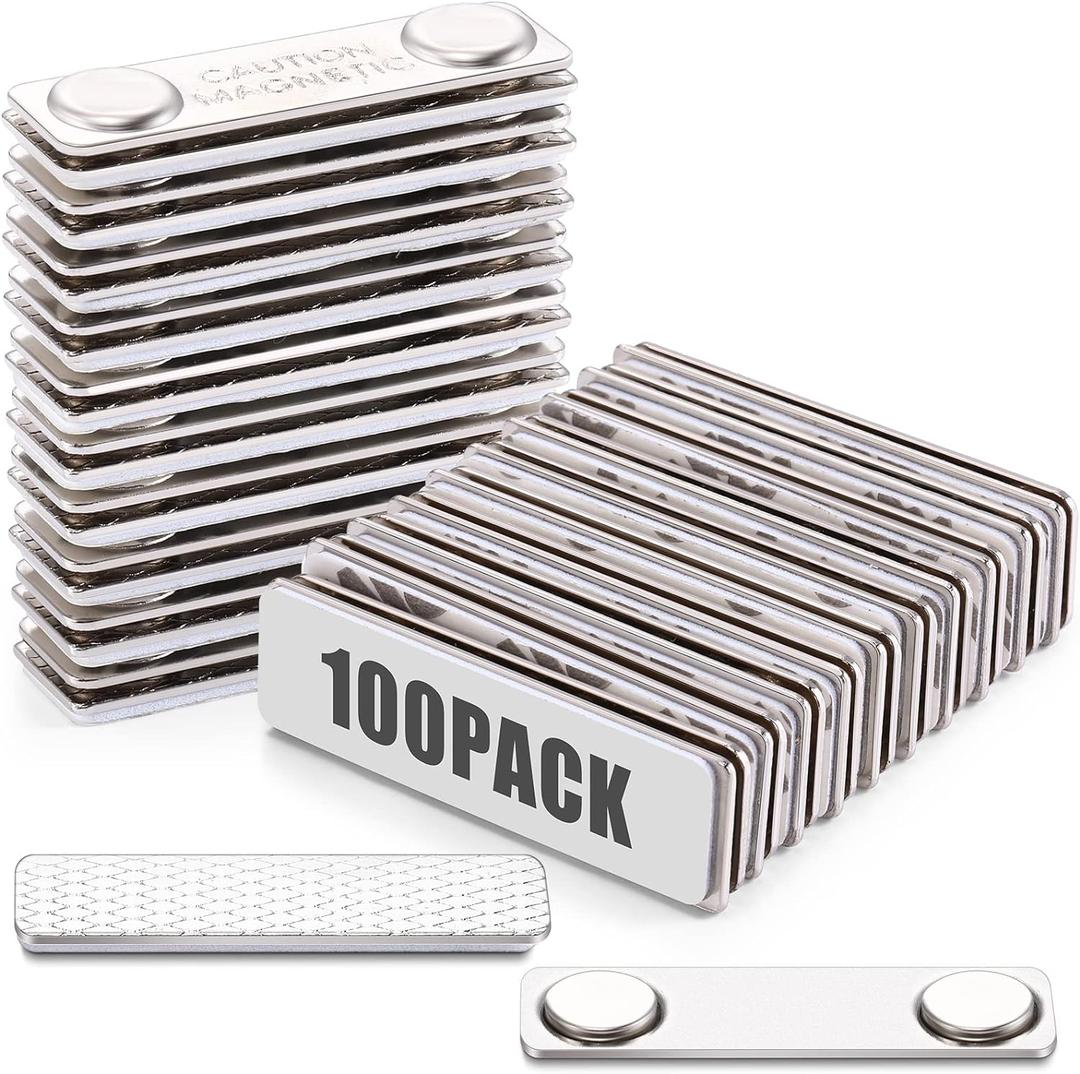 Chinco 100 Sets Magnetic Name Tags Name Tag Magnet Adhesive Badge Metal Pin Magnetic Back Silver Nametag Fasteners for Trade Shows Shirts(2 Neodymium Magnets)