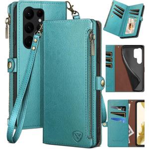 XcaseBar for Samsung Galaxy S21 Ultra Wallet case with Zipper Credit Card HolderRFID Blocking, Flip Folio Book PU Leather Phone case Shockproof Cover Women Men for Samsung S21Ultra case Blue Green
