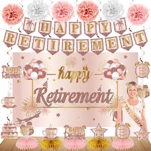 20PCS Retirement Party Decorations Kit for Women, Pink Rose Gold Retirement Backdrop Balloons Honeycomb Centerpiece Swirl Paper Pompoms Party Supplies, Retired Sash Table Topper Swirls Set