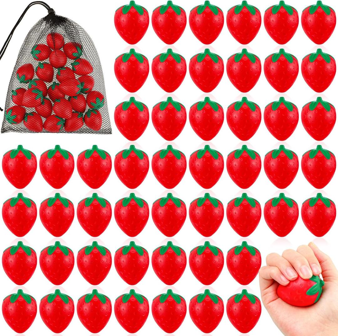 Geosar 24 Pcs 2 Inch Strawberry Stress Balls Mini Foam Strawberry Stretchy Toys Fruit Party Favor Stress Relief Fidget Toy with Storage Bag for School Birthday Gift Bag Filler