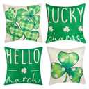 hoyuwak St. Patrick’s Day Throw Pillow Covers 18x18 Inch Set of 4 – Shamrock Linen Cushion Cases with Hello and Luck Design – Decorative Holiday Pillow Covers for Couch, Sofa