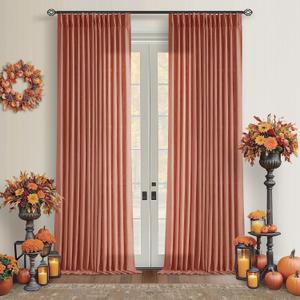 Extra Long Terracotta Linen Curtains 120 Inches Long Red Clay Farmhouse Rustic Curtain Light Filtering Semi Sheer Back Tab Pinch Pleat Curtain for Tall Ceiling Living Room 2 Panels Autumn Fall Decor (Firebrick)