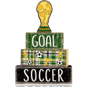 DIYDEC 4Pcs Soccer Tabletop Decorations Wooden Trophy Block Signs Gift Rustic Football Tiered Tray Decor Soccer Centerpiece World Cup Table Sign for Home Office Tabletop Fireplace Party Decor