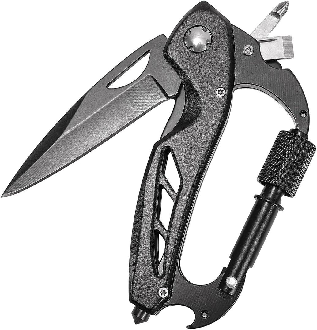 6-in-1 Multitool EDC Carabiner with Folding Knife, Bottle Opener, Window Breaker & Screwdrivers - Survival Gear for Camping, Hiking, Emergency - Stocking Stuffer Gift for Men