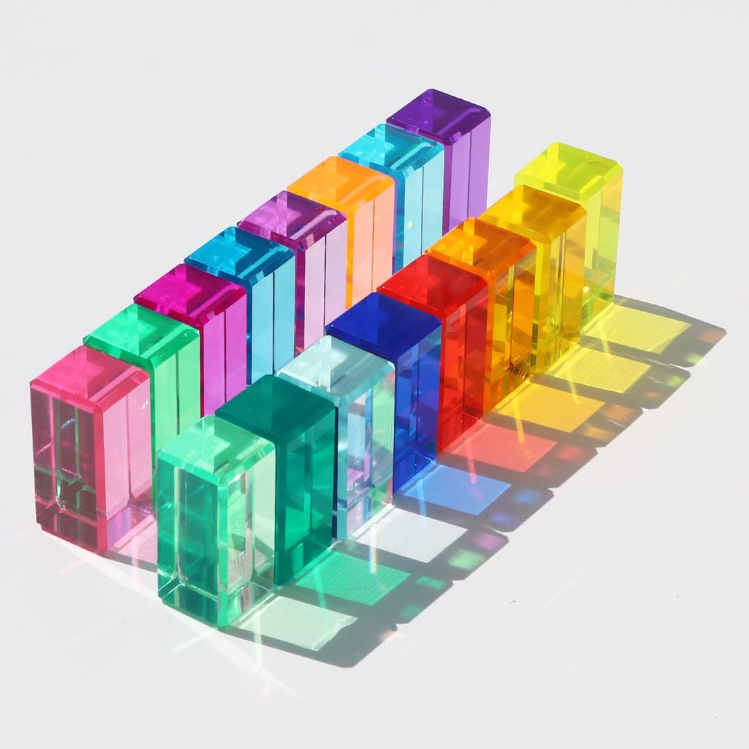 Rainbow Crystal Acrylic Strip Blocks Rectangle Stacking Gem Blocks for Kids 16 Colors Gem Cubes Stacking Educational Sensory Light Learning Toys(16PCS Strip Blocks)…