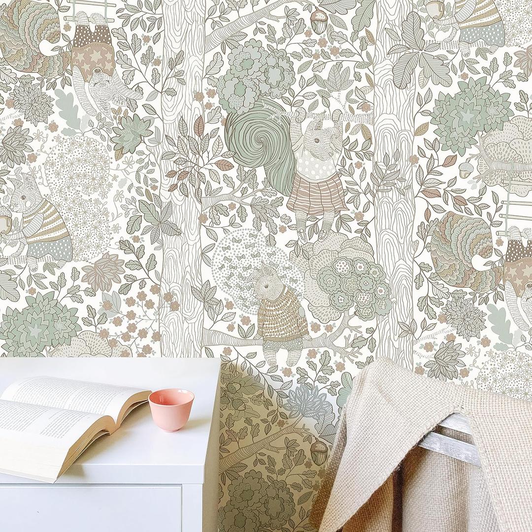 Forest Animal Wallpaper Peel and Stick Boho Contact Paper for Cabinets- Kids Bedroom Cute Self Adhesive Removable Wallpaper, Baby Nursery Wall Decals for Kids Contact Paper 17.3inW 197inL