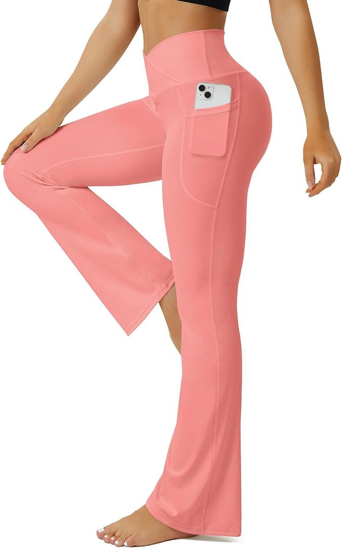 FOHOFO Yoga Pants Women, Flare Leggings for Women with Pockets Crossover High Waisted Bootcut Yoga Pants (Pink, XS)