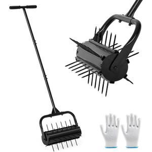 Lawn Aerator, 17'' Grass Rolling Aerators Tool Manual Garden Aerator with Handle Aeration Tool Lawn Steel Nails Aerator Machine with Sandbag, Patio Soil Roller Air Aerator Tool for Yard