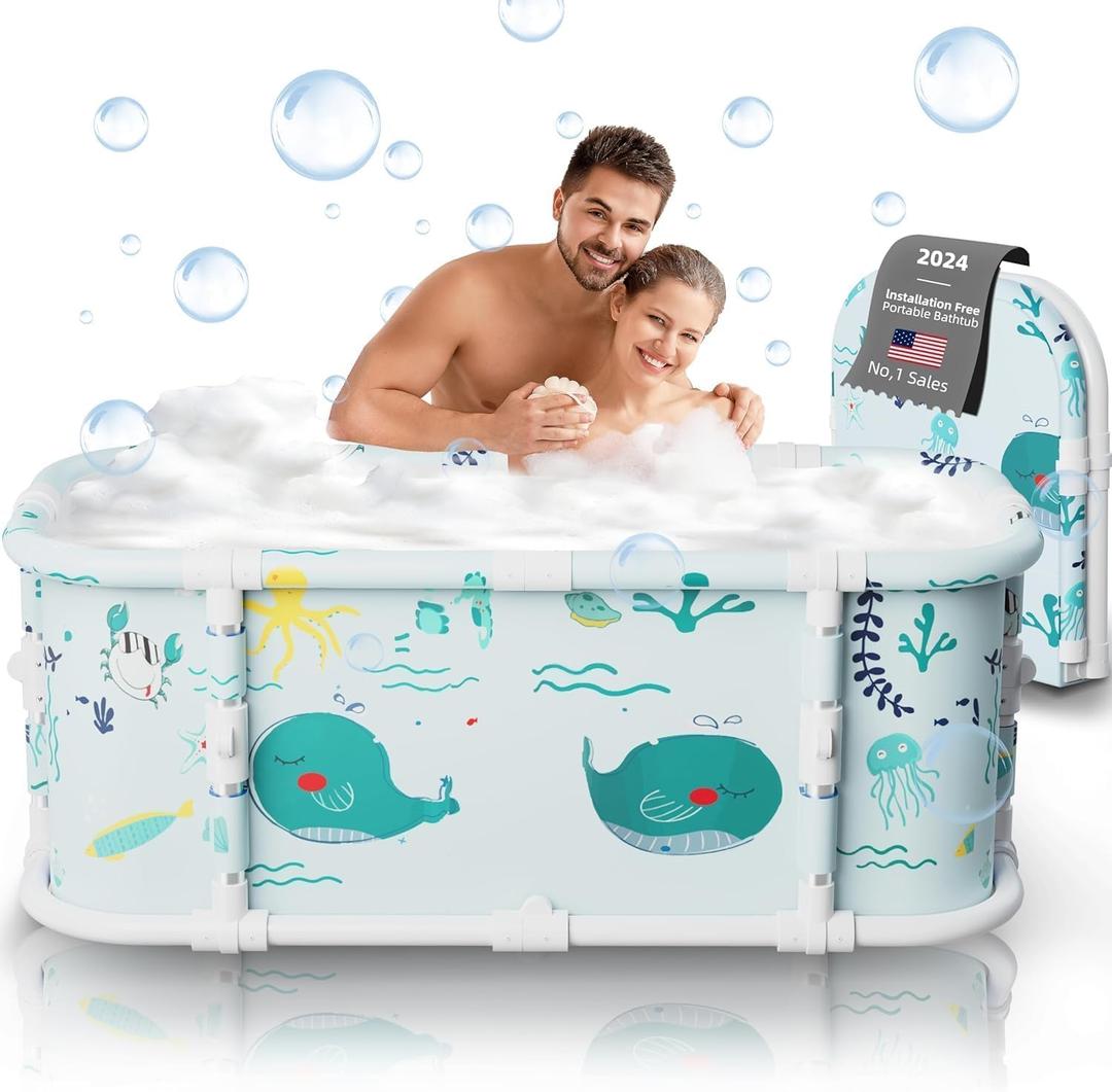Portable Bathtub, 47 Foldable Bathtub-Installation Free, 7 Layers Thicken with Metal Support, Therapy Tub for Shower Stall Fold Up Soaking Bath Tub, Hot SPA, Ice (Wonder Ocean D1)