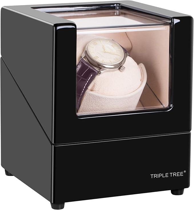 TRIPLE TREE Single Watch Winder for Automatic Watches, with Super Quiet Japanese Motor, 4 Rotation Mode Setting, Flexible Plush Pillow, Fit Lady and Man Watches, Black