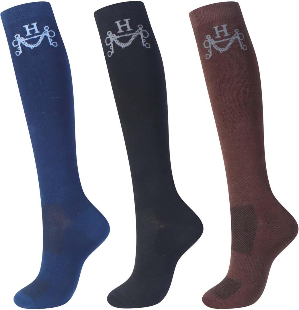 Harrison Howard 3 Pairs Premium Quality Equestrian Riding Socks for Horse Riding &Tall Boot Knee High Socks for Women (One Size, Simple Black/Coffee/Blue)