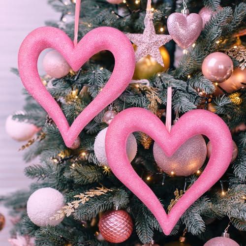 Syhood 2 Pcs 10'' Large Valentine's Day Heart Tree Ornaments 3D Heart Valentine Ornaments Glitter Tree Decor Wreath for Front Door Wall Mantel Party Decor (Pink)