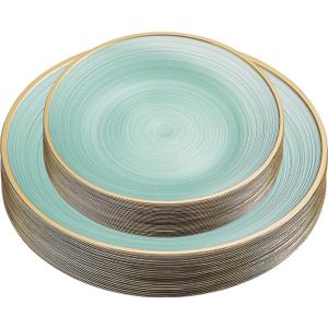 PLASTICPRO 64 Pieces Crystal Design Plastic Plates Combo Pack 7 inch and 10 inch Gold Rim Elegant Disposable Plates, Transparent Green