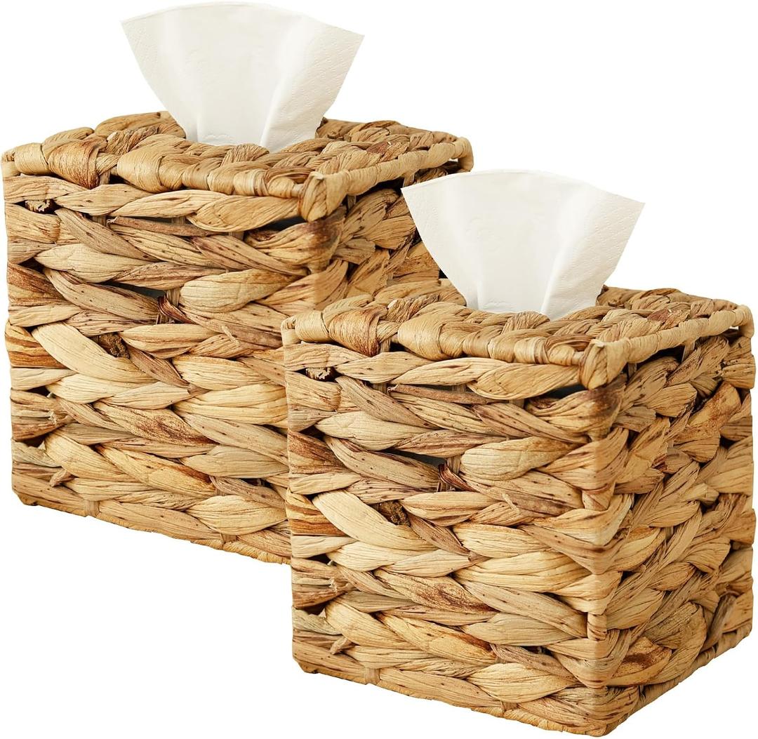 2 Pack Wicker Tissue Box Cover, Hand Woven Water Hyacinth Square Tissue Box Holder, Boho Decorative Facial Paper Box for Table Home Bathroom