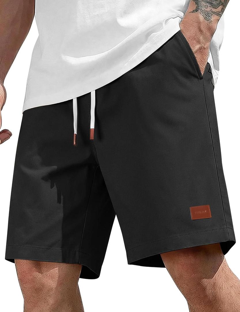 COOFANDY Mens Cotton Chino Shorts 9 Inch Casual Shorts Elastic Waist Drawstring Summer Beach Shorts with Pockets (Large, Black)