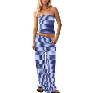 Womens Striped Two Piece Outfit Strapless Tube Top Wide Leg Pants Matching Set Summer Beach Vacation Lounge Wear L
