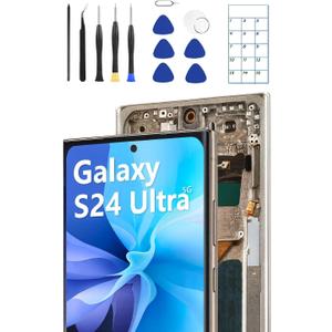JQYDZH OLED Screen Replacement for Samsung Galaxy S24 Ultra 5G with Frame & Fingerprint Sensor – Includes Full Tool Kit & Installation Guide (Gray/Silver）