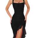 BORIFLORS Women's Sexy Ruched Bodycon Midi Dresses Square Neck Sleeveless Ruffle Hem Club Party Tank Dress Black, Size S