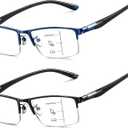 CARA Ultra Lightweight Progressive Multifocus Reading Glasses Men, Metal Frame Flexible TR90 Bi-color Temples with Blue Light/UV400 Protection Multifocal Computer Readers(Black+Blue, +2.50)