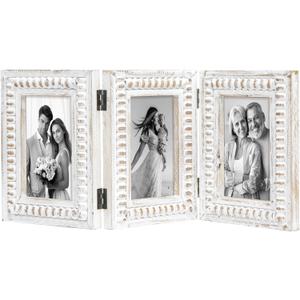MODE HOME Whitewashed Folding 3 Picture Frame 4x6, Wooden Triple 4 x 6 Picture Frame for Tabletop Display, Farmhouse Picture Frames with Hinged Design, Family Photo Frame 4x6, White