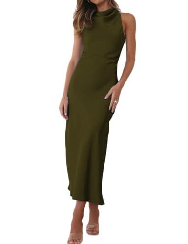 Halfisland Summer Satin High Neck Backless Sleeveless Midi Dresses for Women Elegant Mock Neck High Waist Cross Back Cocktail Dress Olive, Size Small