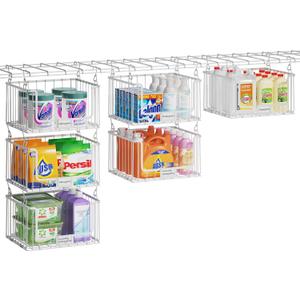 3-Pack Hanging Laundry Organizer, Stackable Wire Shelf Storage with Label Cards, Foldable Metal Baskets with 360 Rotating Hooks, Space-Saving for Laundry Room, Closet & Pantry, 11"15" Large, White