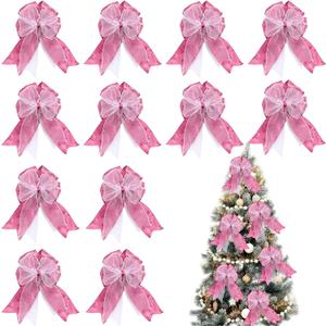 Cindeer 12 Pieces Christmas Tree Ribbon Bow 6.3 x 9.5 Inch Patterned Ribbon Xmas Bow for Christmas Home Decoration (Rose Pink)