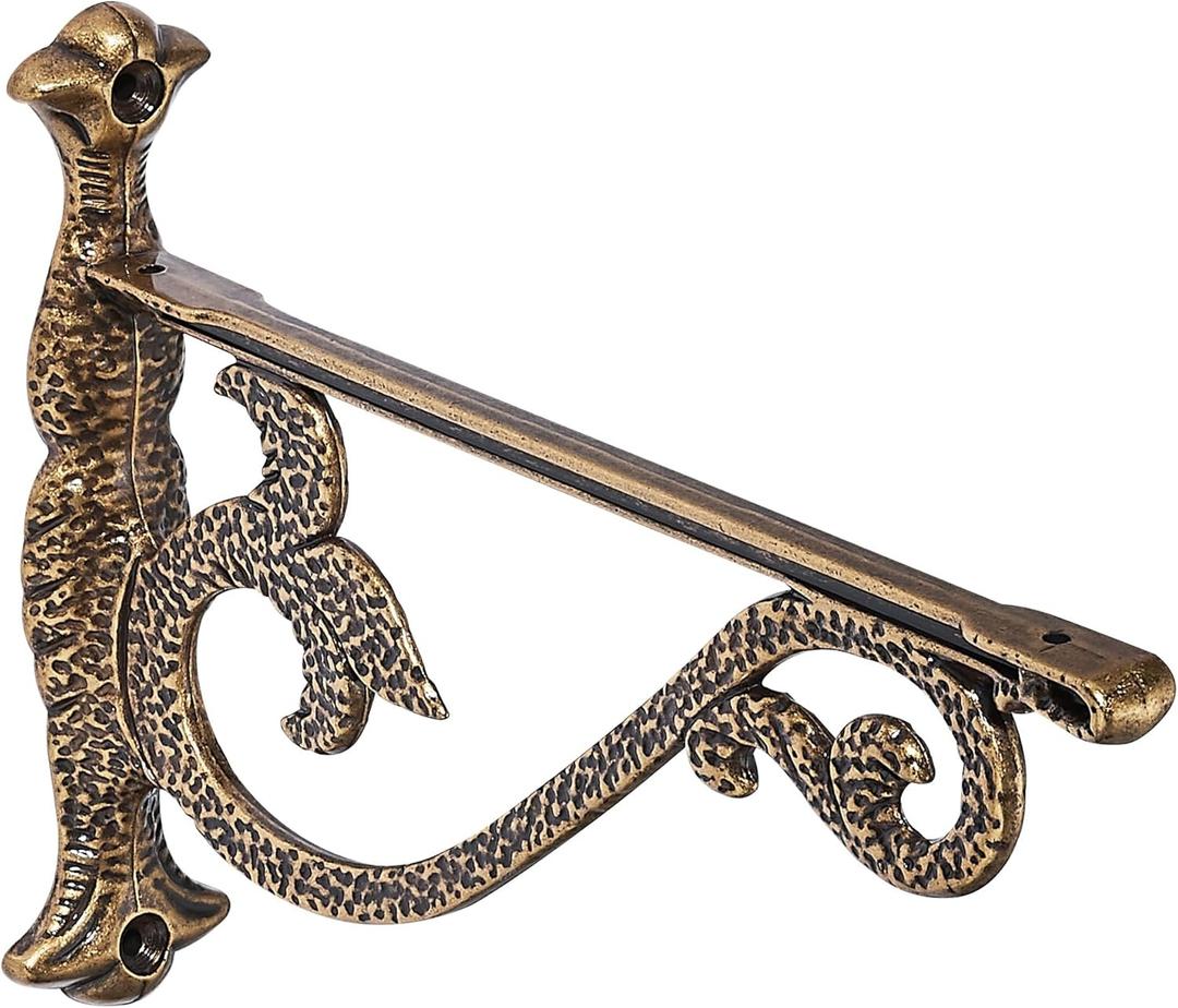 Decorative Shelf Bracket 10 inch, Antique Brass Hammered Shelf Brackets for Shelving, Heavy Duty Vintage, DIY Projects, Hardware Included, 4 Pack